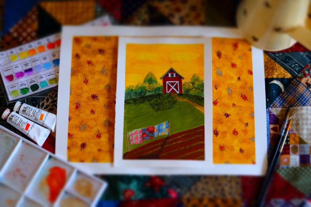 "Country Twilight" on top of "Leaf Fall" Original Art by Lisa Saul