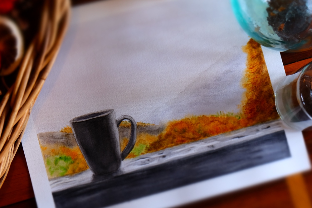 "Coffee on the Balcony" Original Art by Lisa Saul for Willow Lane Notebooks