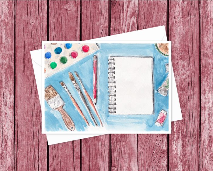 "Art Supplies Ready": 10 Folded Cards TWO SIZES (white envelopes)