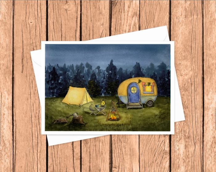 "Cosy Camping": 10 Folded Cards TWO SIZES (white envelopes)