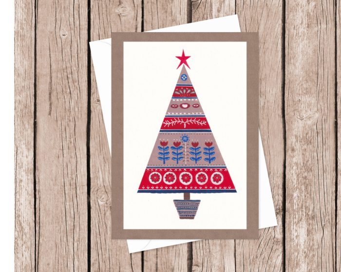 xmas "Scandi Christmas Tree": 10 Folded Cards TWO SIZES (white envelopes)
