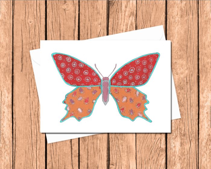 "Patchwork Butterfly" v1: 10 Folded Cards TWO SIZES (white envelopes)