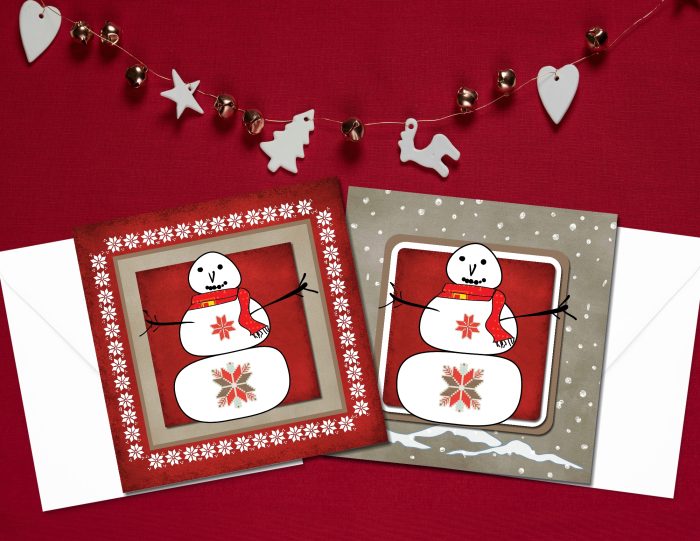 xmas "Woolly Scarf Snowman" - Two Versions (US & CA): 10 Folded Cards (white envelopes)