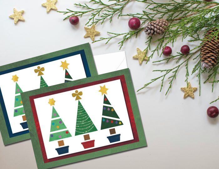 "We Three Trees": 10 Folded Cards TWO SIZES (white envelopes)