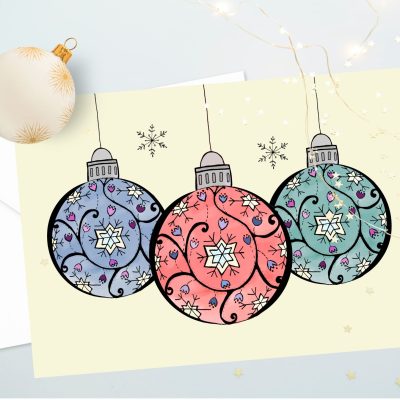 xmas "Cute Christmas Baubles - Three" (US & CA): 10 Folded Cards (white envelopes)