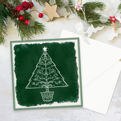 xmas "Nordic Noel" White on Green Background: 10 Folded Cards (white envelopes)