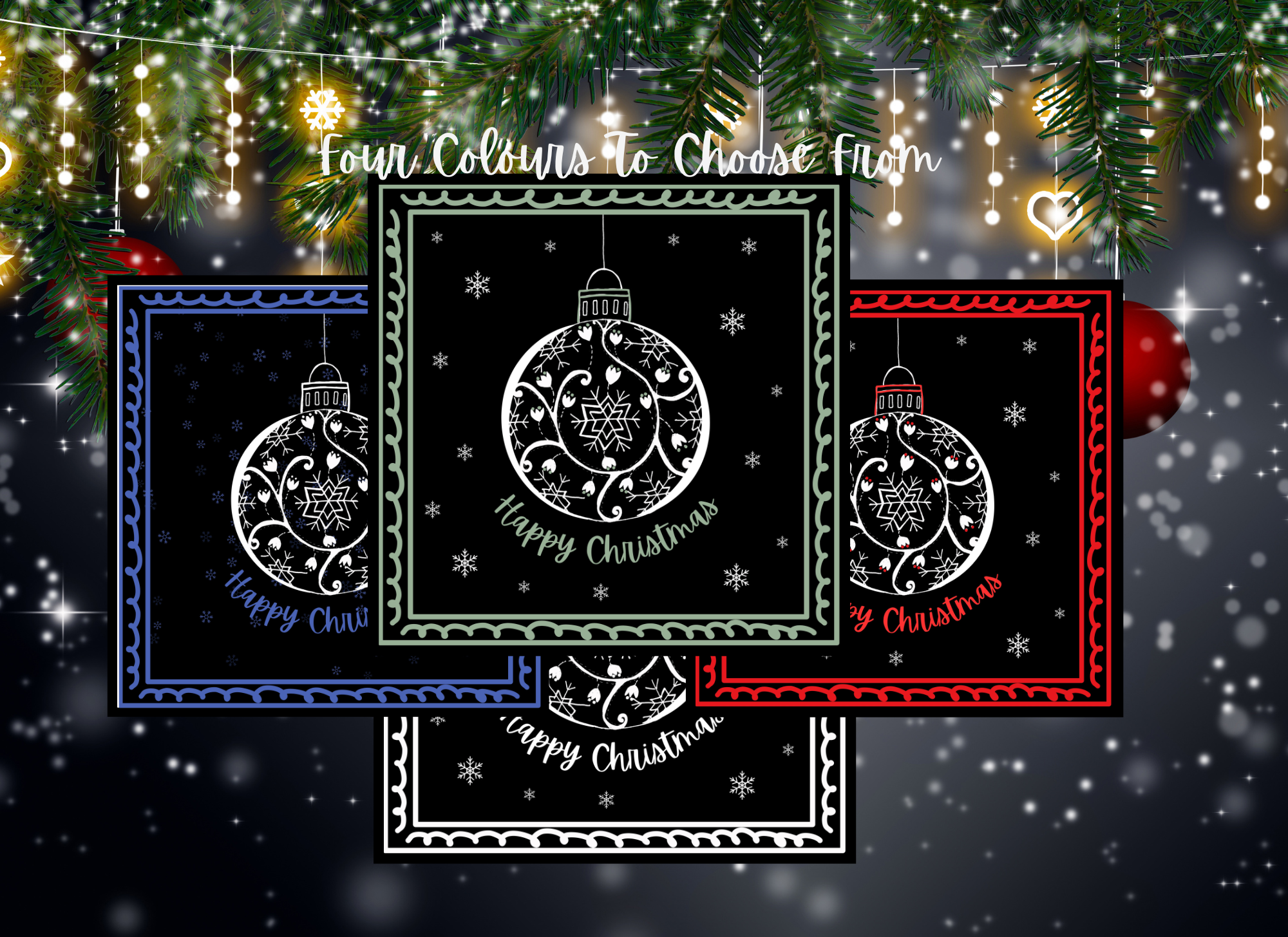 "Cute Christmas Baubles" - White on black background