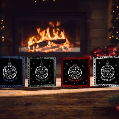 xmas "Cute Christmas Bauble on Black" - Four Versions: 10 Folded Cards (white envelopes)