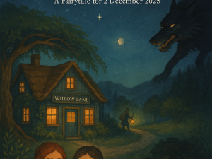 An illustrated nighttime scene of the Willow Lane cottage glowing warmly, two sisters standing beneath stars while a shadowy Big Bad Wolf watches from the hilltop — painted in a soft, storybook style.