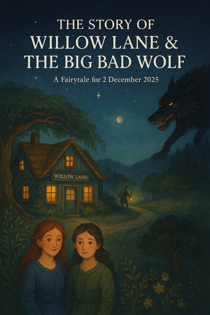 An illustrated nighttime scene of the Willow Lane cottage glowing warmly, two sisters standing beneath stars while a shadowy Big Bad Wolf watches from the hilltop — painted in a soft, storybook style.